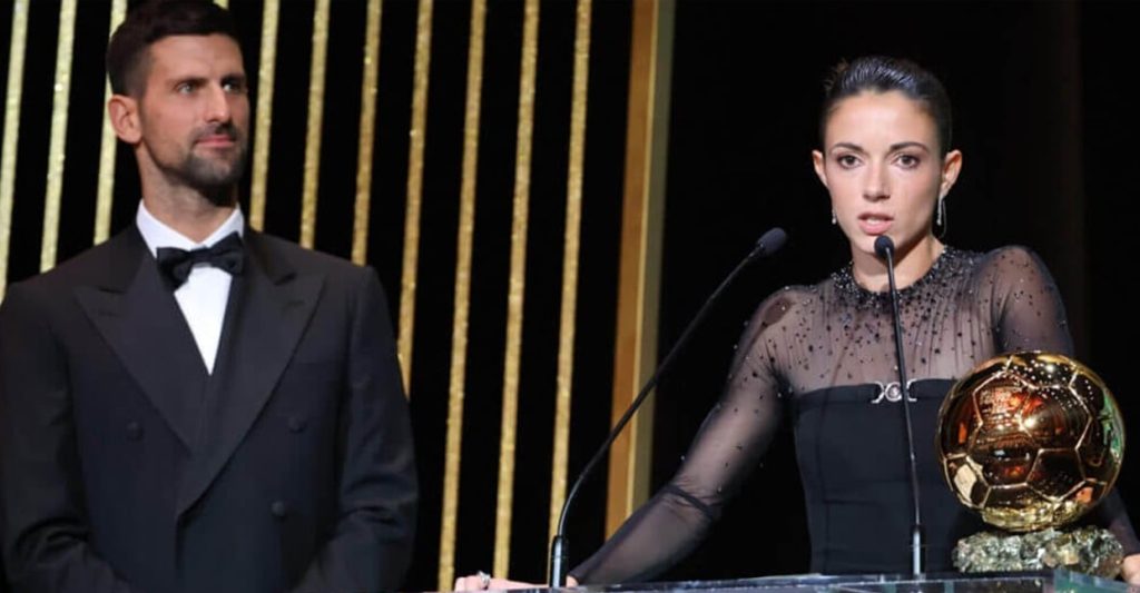 Novak Djokovic Presenting Spanish Midfielder Aitana Bonmati Her Ballon d’Or Féminin in Paris